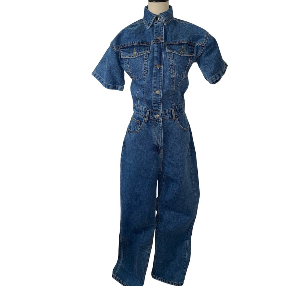 Nasty Gal Denim Low Rise Boyfriend Jumpsuit Blue Midwash Short Sleeve US  NEW - Picture 1 of 16